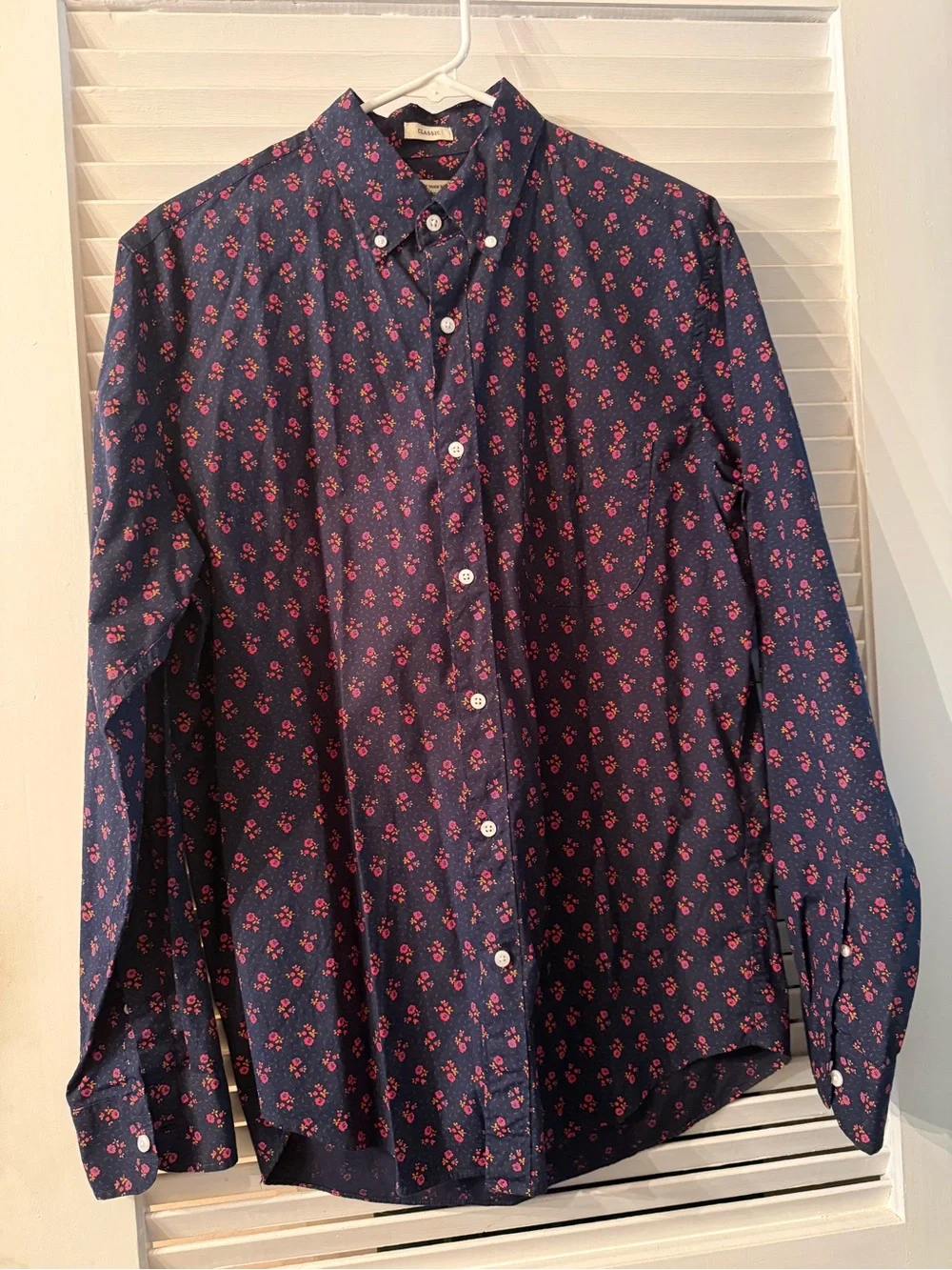 J. Crew Navy Button-Down Shirt with Pink Floral Print M